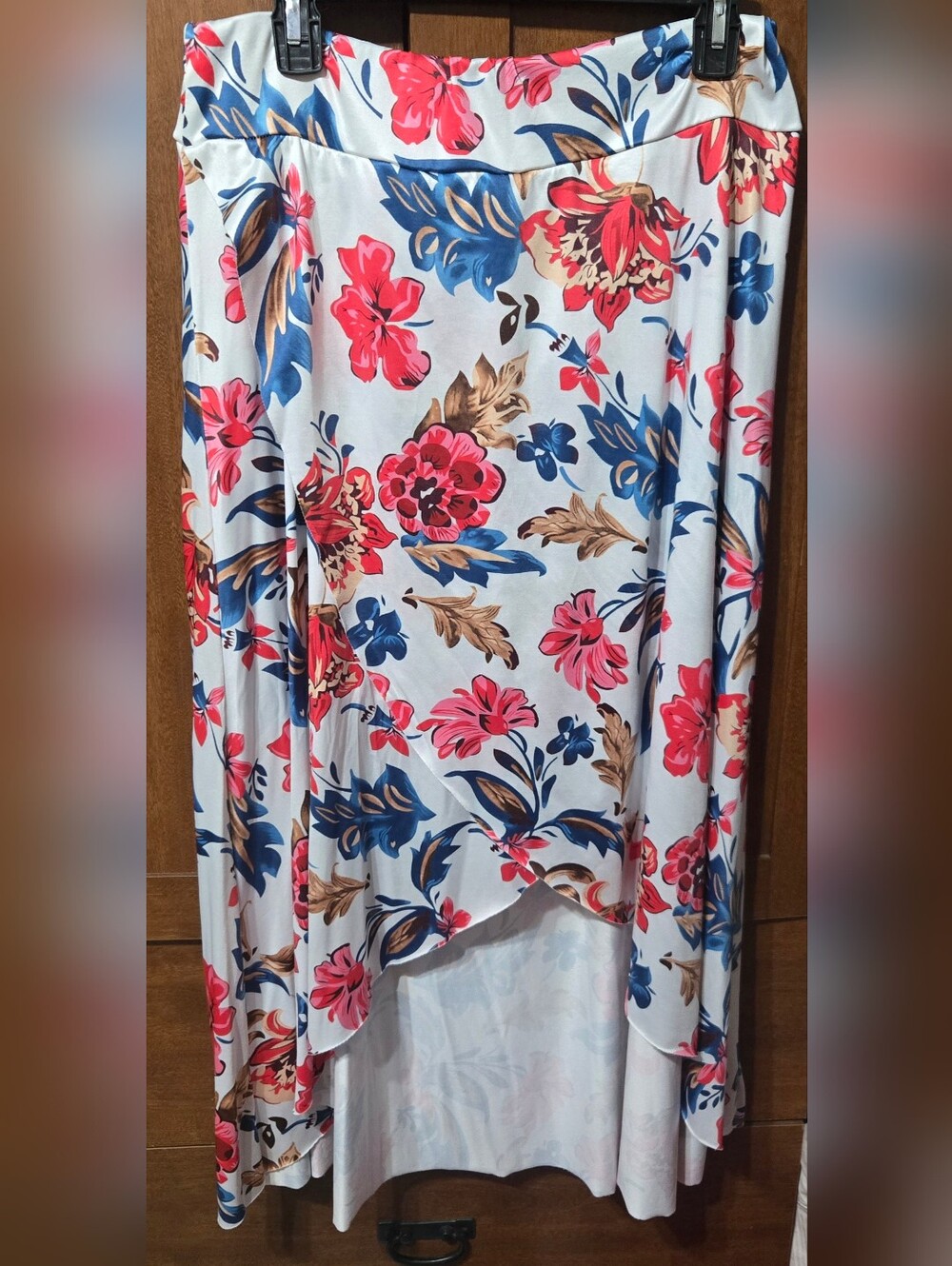 Floral High-Low Women's Skirt in Light Blue with Pink & Blue Blooms
